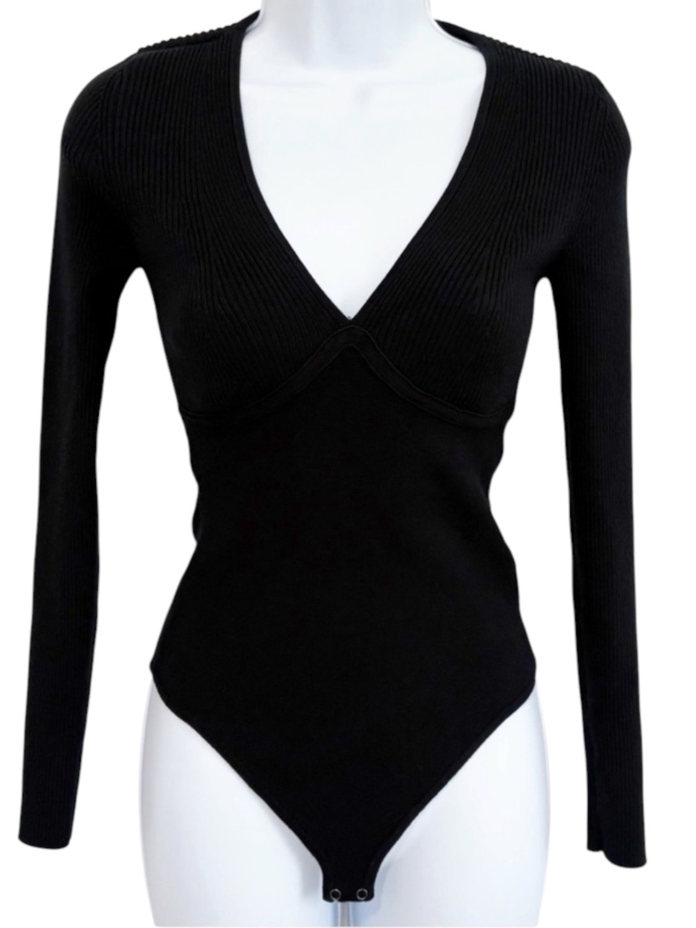 ABERCROMBIE & FITCH Black Ribbed Deep V Neck Long Sleeve Bodysuit Small